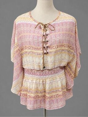 BoHo Southwestern CHIC Sheer Bodice Corset Tie Butterfly Wing Top S/M